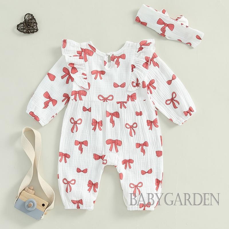 / / -Baby Girls Rompers Nơ In Hình Cổ Tròn Dài Tay Body Có Băng Đô Trẻ Sơ Sinh Quần Áo Mùa Thu