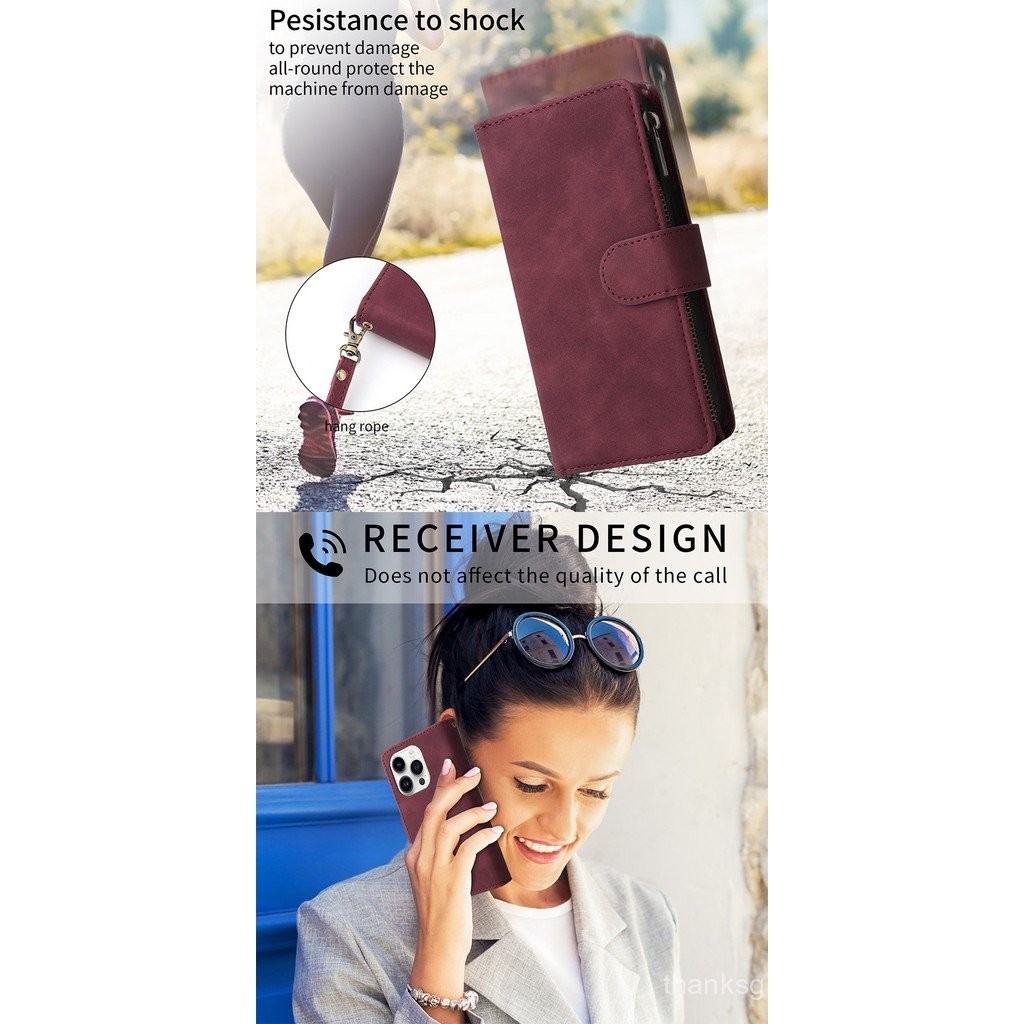 Ốp điện thoại cho Iphone 15 14 13 12 11 Pro x XR XS Max 7 8 6 6S Plus SE 3 2 2020 2022 ví đa năng có khóa kéo bao da PU có khe đựng thẻ iidv