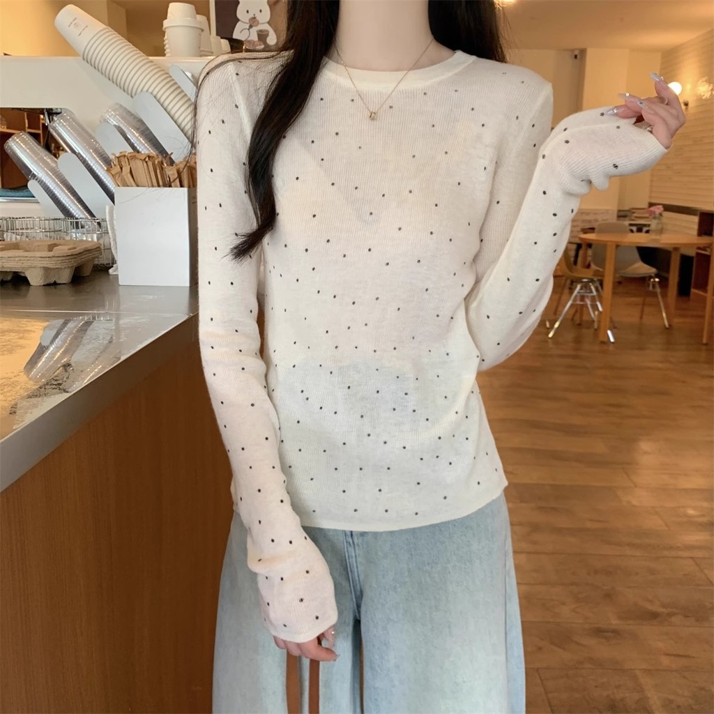 Áo mặc trong cổ tròn chấm bi cổ điển Milyfashion áo dài tay vai hot girl tôn dáng mặc trong thu đông cho nữ