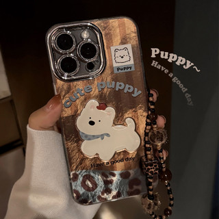 Phim Bảo Vệ Ống Kính Dễ Thương Chó Con Nâu Da Báo Đính Hạt Dây Xích Ốp Lưng Điện Thoại iPhone 17Promax 16 15 Pro Max 11 12 13 14 Promax 15Plus Vỏ Nữ Chống Sốc