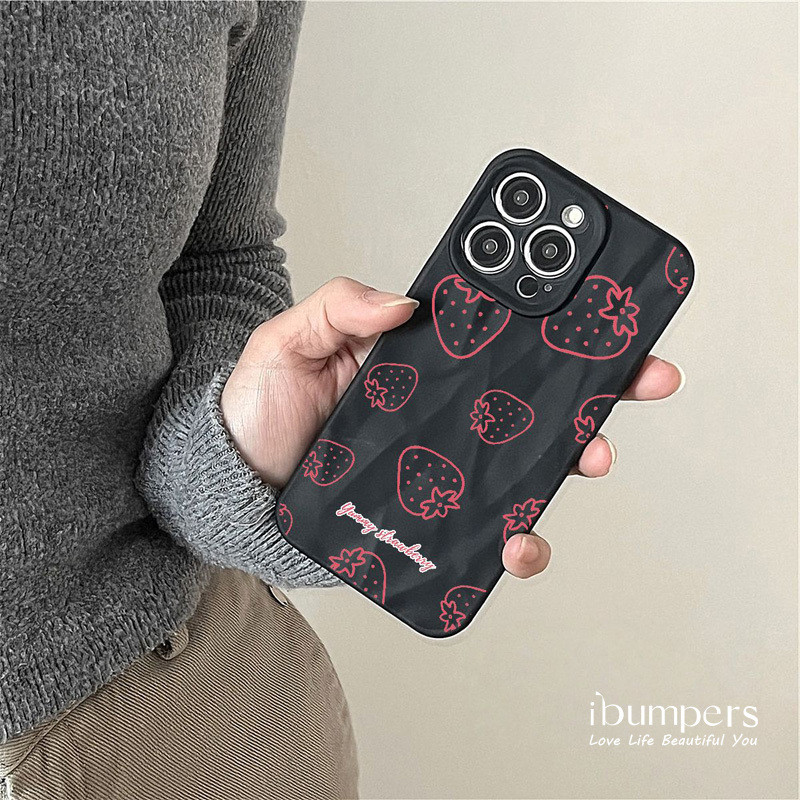 ibumpers Ốp Điện Thoại iPhone Họa Tiết Dâu Dễ Thương Cho IPhone 16 15 14 12 13 11 Pro Max IP 7 8 Plus X XS XR Xếp Ly Ốp Lưng Silicon Mềm Chống Sốc