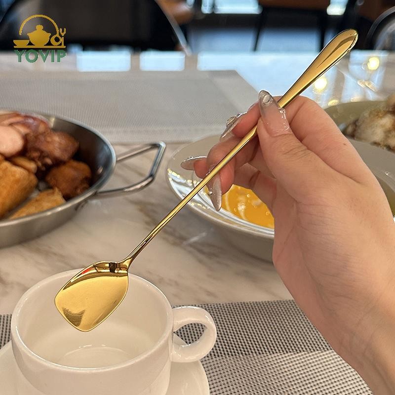 YOVIP 20CM Thép không gỉ Tay Cầm Dài Thìa Khuấy Sáng Tạo Kem Món Tráng Miệng Muỗng Cocktail Hàn Quốc Cà Phê Trà Trộn Thìa Flatware VN