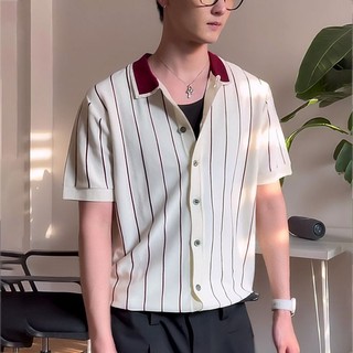 Áo sơ mi nam phong cách Hàn Quốc, họa tiết sọc, short sleeve, chất liệu dệt kim, phù hợp mùa hè