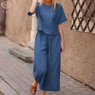 Bộ hai mảnh cotton và lanh thanh lịch, short sleeves, phù hợp cho nữ vào mùa hè