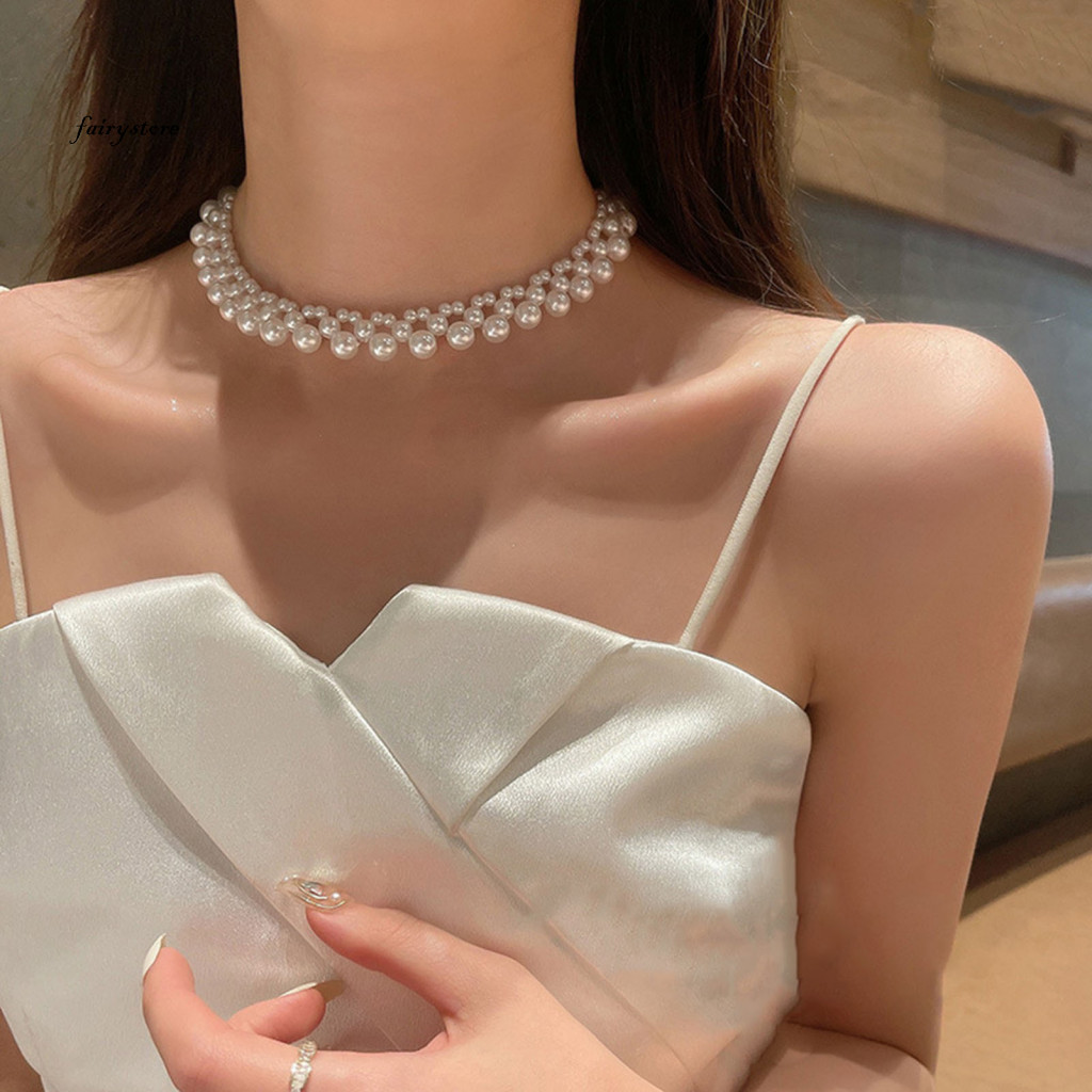 Vòng cổ chocker ngọc trai giả vintage màu trắng, phụ kiện trang sức thanh lịch cho cô dâu