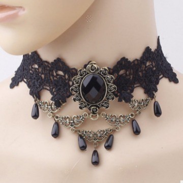 (1 cái)Vòng cổ Choker và vòng tay liền nhẫn hoa hồng phối ren phong cách Lolita