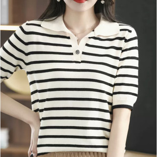 Áo Len Sọc Tay Ngắn Nữ Cổ Áo Polo Mùa Hè Rời Đi Lại Mỏng Top