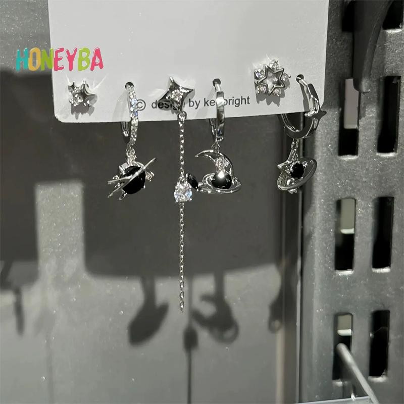 < Honeyba > 6 CÁI BỘ Goth Punk Vintage Thẩm Mỹ Pha Lê Trái Tim Mặt Trăng Chữ Thập Ngôi Sao Mặt Dây Chuyền Bông Tai Dành Cho Nam Nữ Grunge Y2K Phụ Kiện Trang Sức