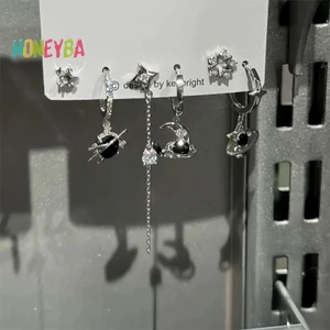 < Honeyba > 6 CÁI BỘ Goth Punk Vintage Thẩm Mỹ Pha Lê Trái Tim Mặt Trăng Chữ Thập Ngôi Sao Mặt Dây Chuyền Bông Tai Dành Cho Nam Nữ Grunge Y2K Phụ Kiện Trang Sức