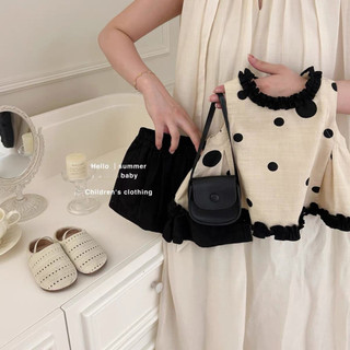 Mùa Hè Bé Gái Chấm Bi Ngọt Ngào Bộ Áo Trẻ Em Vải Lanh Cotton Phiên Bản Hàn Quốc Áo Thun Không Tay + Quần Short Bộ Hai Mảnh Dễ Thương