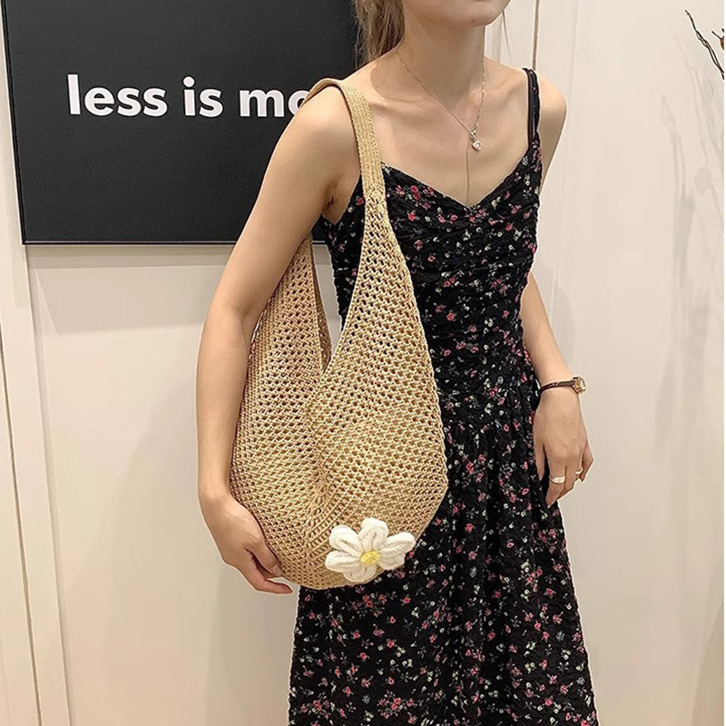 Túi Cói Đi Biển Nữ Cao Cấp, Túi Lưới đan Cài Hoa đeo Vai Hàn Quốc, Đựng Đồ Tiện Lợi, Size Lớn Đựng Đồ Thoải Mái
