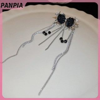 PANPIA-Trang Sức Thời Trang Retro Đen Kim Cương Giả Hoa Hồng Dài Tua Rua Bông Tai Nữ Trang Sức