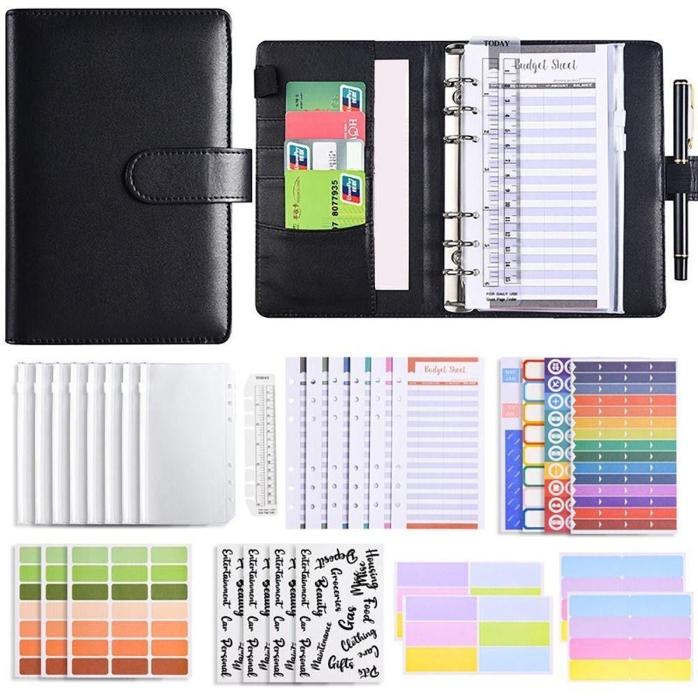 THFENG Người Tổ Chức Tiền Mặt, A6 Lập Ngân Sách Binder, Tiết Kiệm Tiền Có Dây Kéo Phong Bì Tiền Mặt Tờ Chi Tiết Da PU Chất Kết Dính Nam Nữ