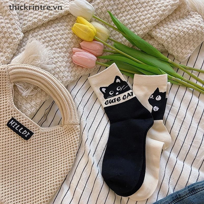 THI Hoạt Hình Dễ Thương Màu Sắc Phù Hợp Với Tất Cotton Polyester Giữa Ống Tất Thoáng Khí Hấp Thụ Mồ Hôi Thể Thao Tất Ngọt Ngào Học Sinh VN