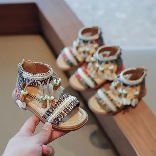 Mùa Hè 2026 Thương Hiệu Mới Truyền Thống Dân Tộc Retro Trẻ Em Thời Trang Xăng đan Tua Rua Thoáng Khí Bé Gái Dép Trẻ Em Họa Tiết KÍNH
