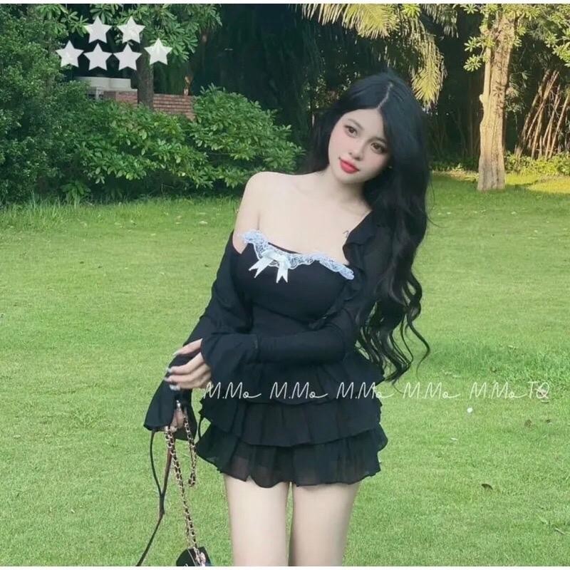 SÉT ÁO CÚP NGỰC NƠ REN XINH PHỐI CHÂN VÁY TẦNG KÈM ÁO KHOÁC NGOÀI
