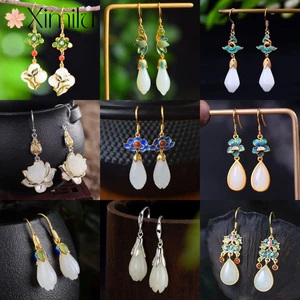 Bông tai nữ ngọc trai hình bầu dục, hoa mộc lan, móc tai trắng chalcedony, phong cách retro, chính hãng