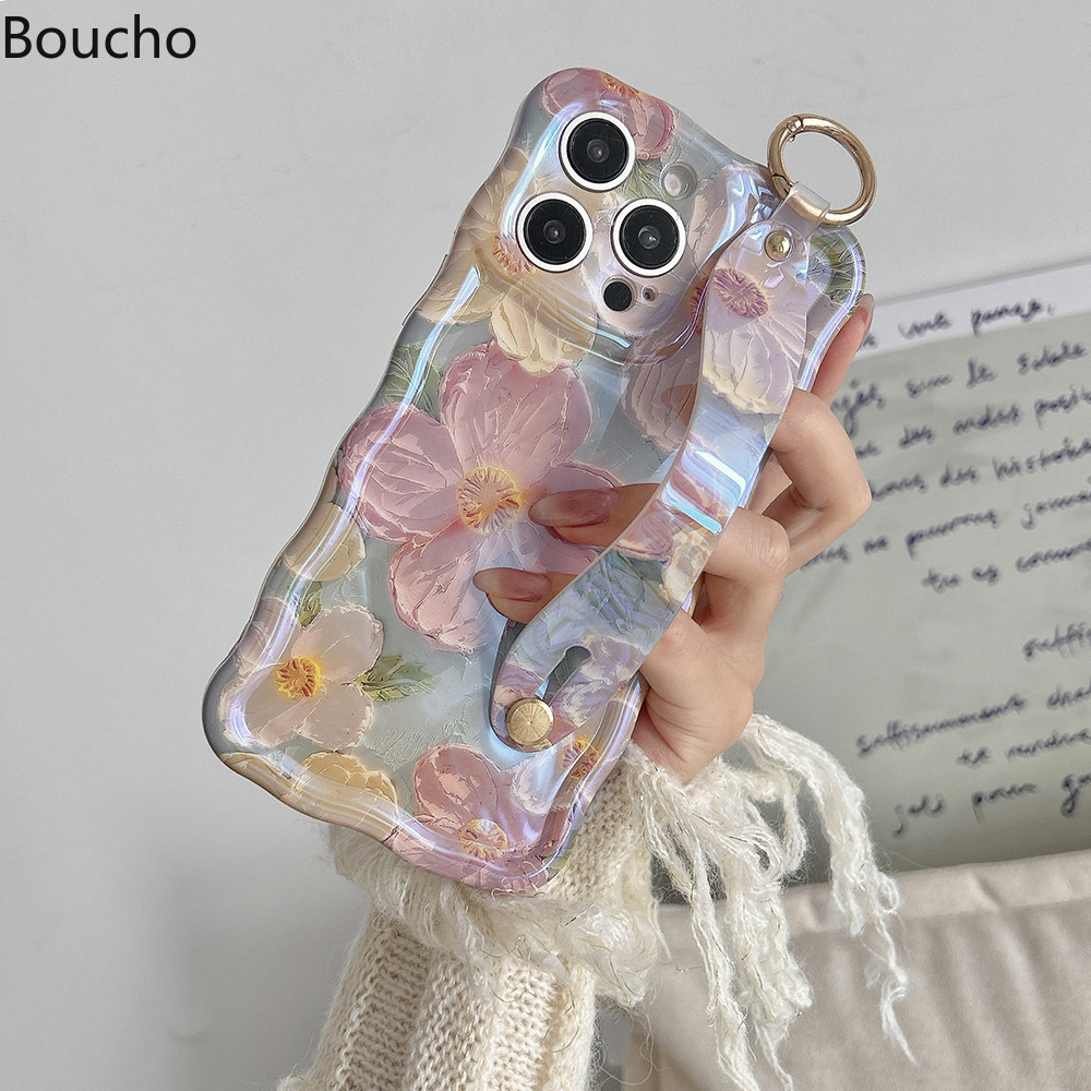Dành Cho iPhone 16 Pro Max Air 17 Pro Max 15 Plus Thời Trang Laser Ánh Sáng Xanh Hoa Dây Đeo Cổ Tay Ốp Lưng Điện Thoại Cho iPhone 14 Pro Max 11 12 13 Pro Max 15pro Sang Trọng Chống Sốc TPU Mềm
