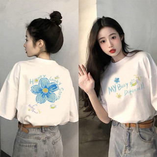 Áo thun tay ngắn in hình nữ, unisex, dáng rộng cổ tròn, phong cách OOTD