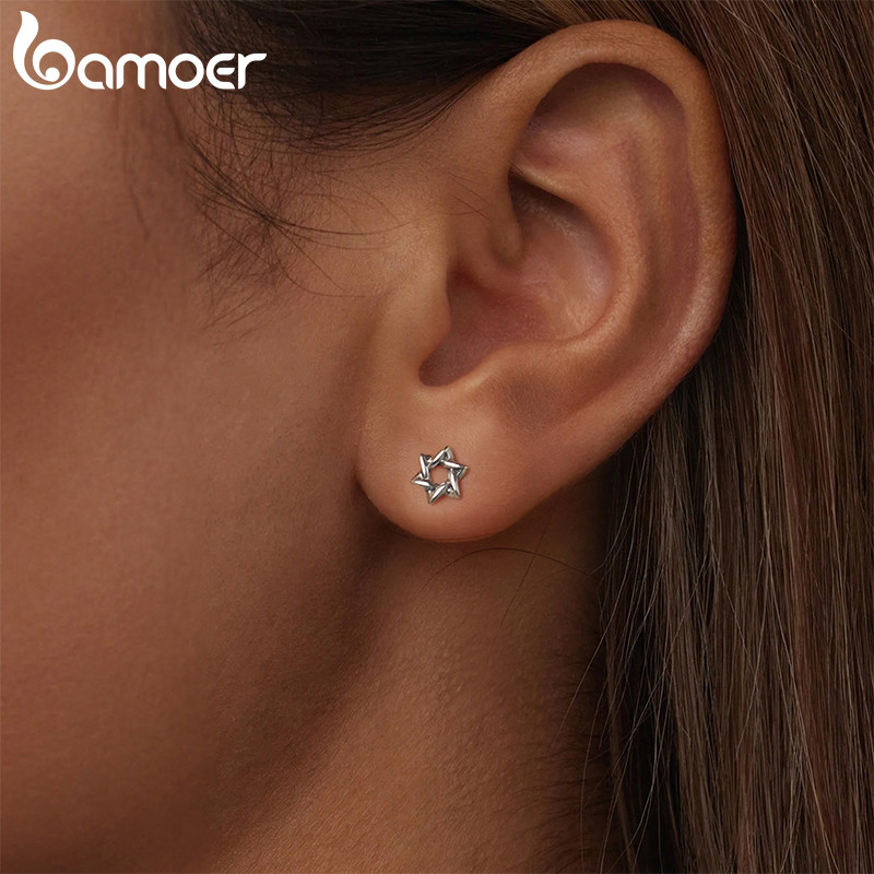Bông tai bạc Bamoer 925 Thiết kế ngôi sao sáu cánh Quà tặng trang sức dành cho nữ.