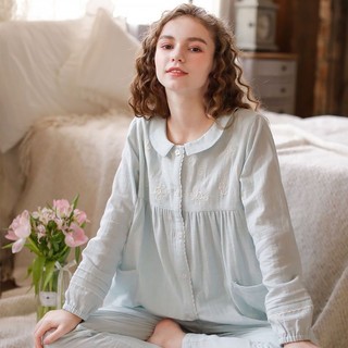 Nhật Bản Ngọt Ngào Công Chúa Thêu Đồ Gia Đình Nữ Bộ Đồ Ngủ Mùa Thu Dài Tay Cổ Tròn Xuân Thu Cotton Nguyên Chất Gạc Mỏng Phù Hợp Với 8.27