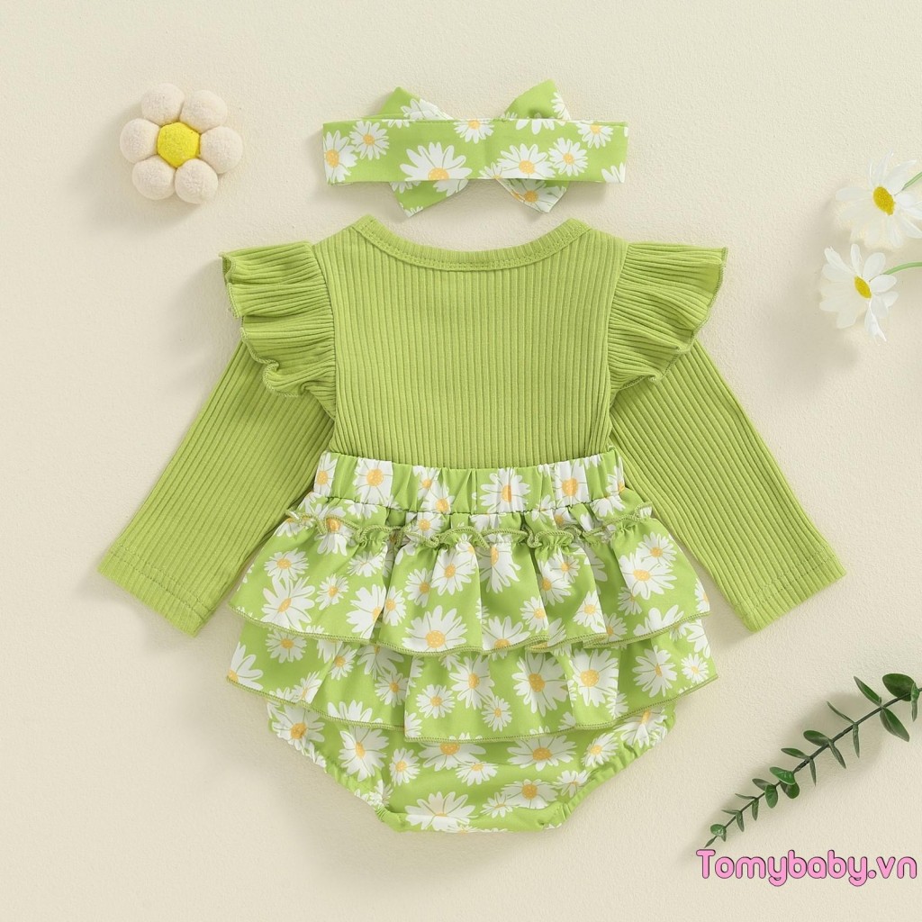 Bộ áo liền quần dài tay in họa tiết hoa cúc cho bé gái nơ xù + Bộ 2 món băng đô