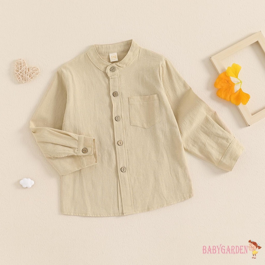 Baga-3-8years trẻ em / bé trai Áo sơ mi màu trơn Ngực bỏ túi cổ đứng dài tay phía trước Nút lên mùa thu Áo quý ông