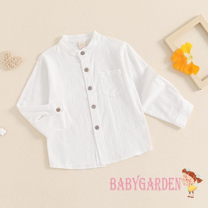 Baga-3-8years trẻ em / bé trai Áo sơ mi màu trơn Ngực bỏ túi cổ đứng dài tay phía trước Nút lên mùa thu Áo quý ông