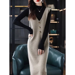 Váy Vest dài vừa phải Váy Vest nữ Váy len dệt kim không tay cổ chữ V Váy phù hợp.