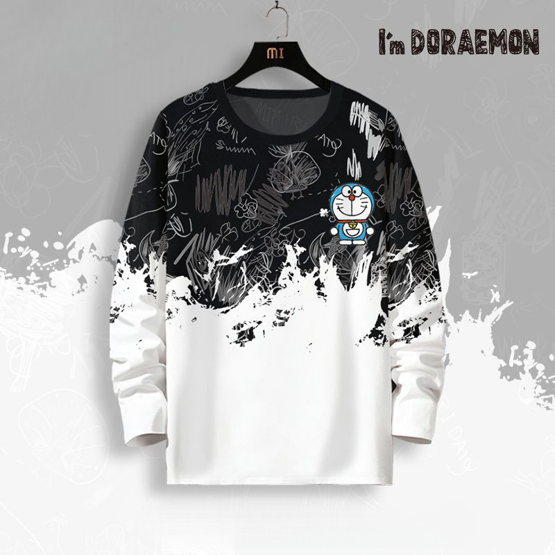 Áo Thun Dài Tay ngoại cỡ áo nam mặc thường ngày Doraemon dáng rộng cổ tròn