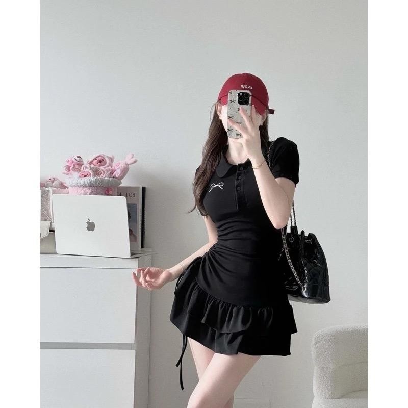 Đầm xoè ngắn nữ cổ polo thêu nơ KÈM QUẦN Đ555