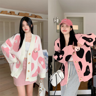 Áo khoác len áo Cardigan dệt kim màu hồng rộng rãi mẫu mới mùa thu cho nữ