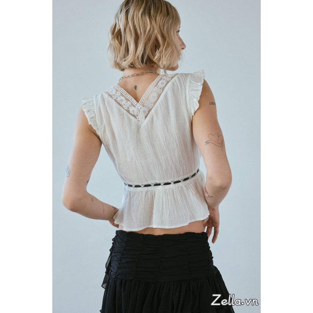 Nữ Ren Chắp Vá Xe Tăng Áo Mùa Hè Lông Tơ Tay Ruffle Hem Dây Buộc Trước Babydoll Vest