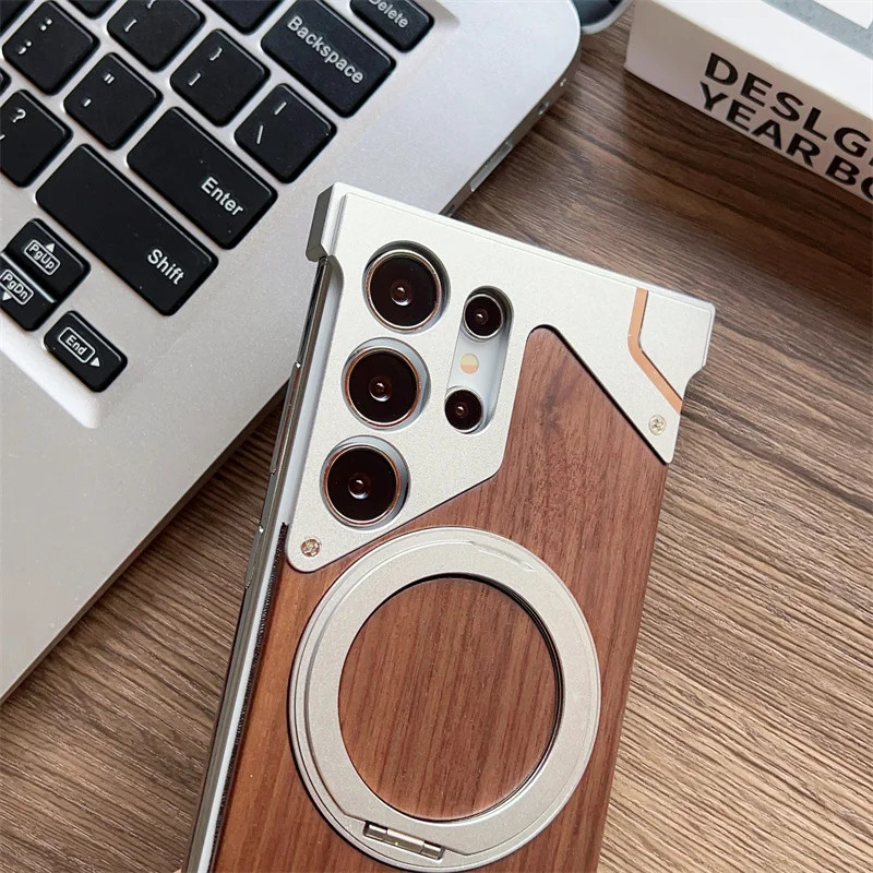 Dành Cho Samsung Galaxy S22 S23 S25 S24 Ultra Walnut Gỗ Kim Loại Viền Giáp 360° Giá đỡ từ tính xoay Vỏ chống sốc