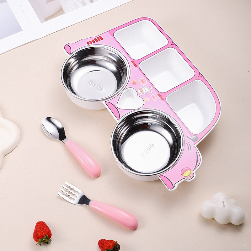 Bộ đồ ăn trẻ em bằng thép không gỉ 304 Bộ đồ ăn năm mảnh dễ thương Lưới vui nhộn siêu chống sốc