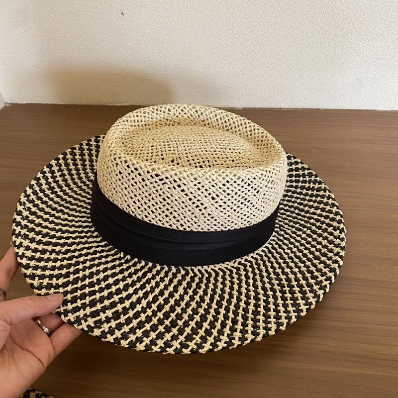 Mũ rơm rỗng đơn giản Ins Flat Top Retro