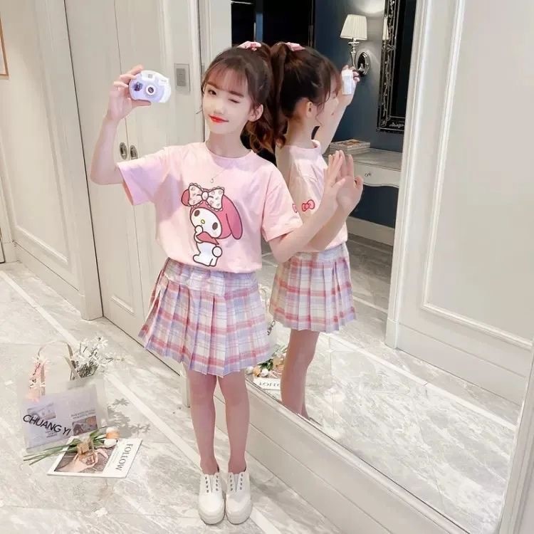 YT2 Bộ phong cách đi học mùa hè cho bé gái váy ngắn hoạt hình Bộ 2 món Cinnamoroll mymelody TY2
