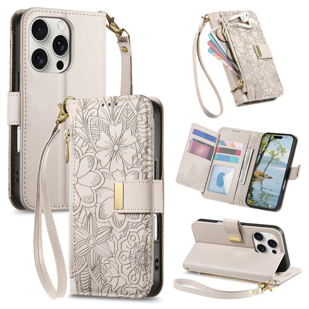 Dây đeo cổ tay Dây kéo Ví da lật Khe cắm thẻ Vỏ điện thoại cho IPhone 16E 17 16 15 14 13 12 Pro Max Giá đỡ bảo vệ