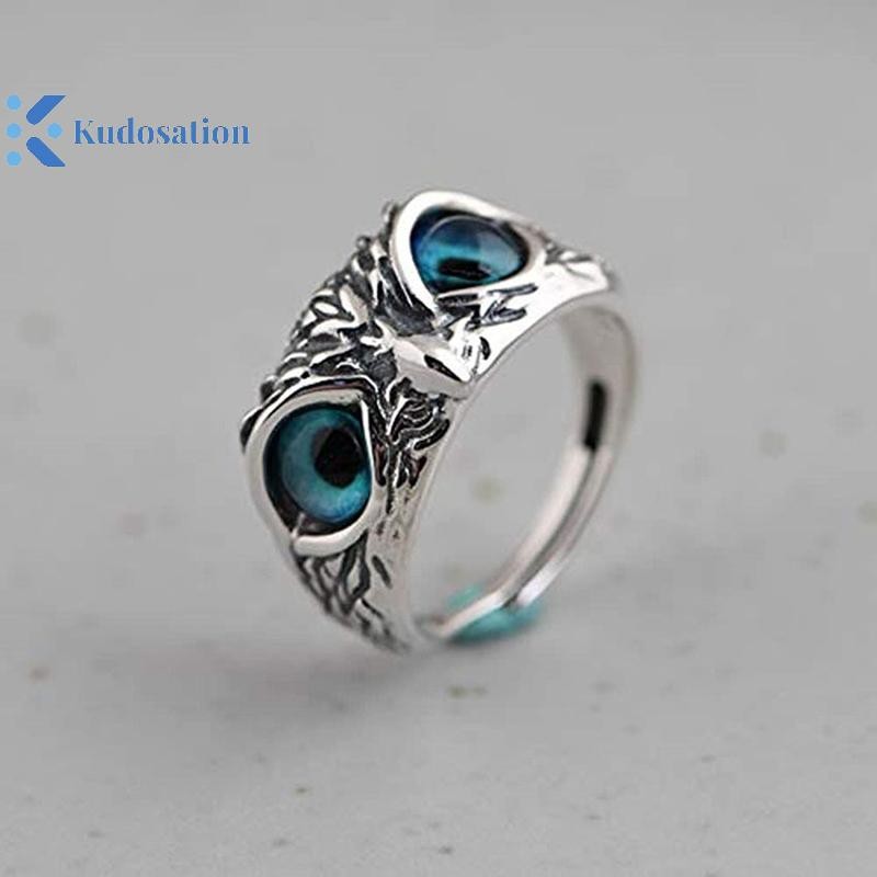 Kudosation Vintage Động Vật Mở Có Thể Điều Chỉnh Đôi Mắt Xanh Cú Nhẫn Nam Nữ Trang Sức Dự Tiệc Quà Tặng