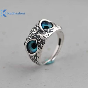 Kudosation Vintage Động Vật Mở Có Thể Điều Chỉnh Đôi Mắt Xanh Cú Nhẫn Nam Nữ Trang Sức Dự Tiệc Quà Tặng