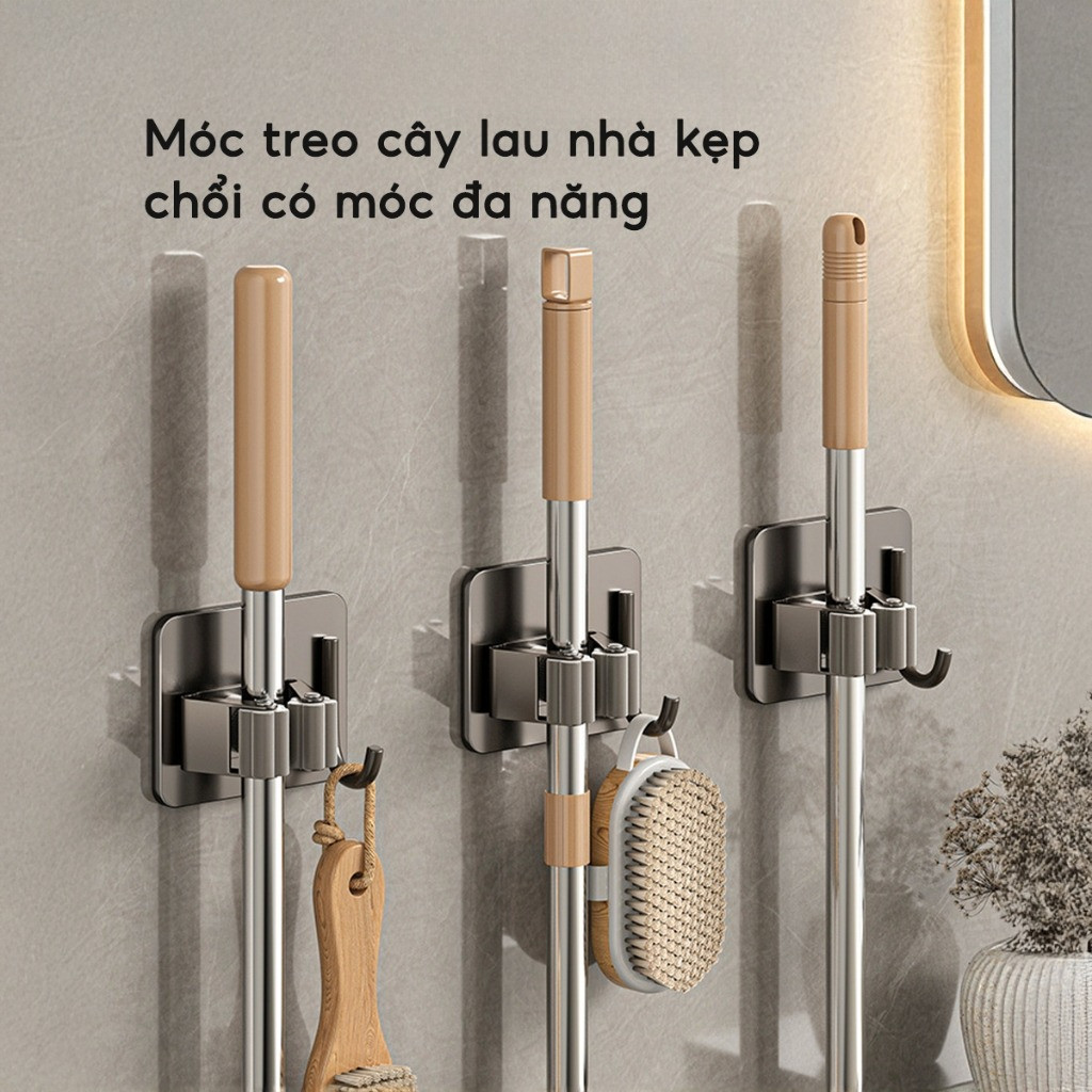 Móc treo cây lau nhà đa năng keo dán chịu lực Móc kẹp giữ chổi dán tường inox 304 chống gỉ