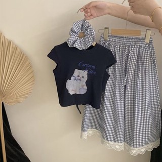 Bộ Đồ Bé Gái Bộ Đồ Bé Gái Phong Cách Mới Trẻ Em Quần Áo Mùa Hè Bé Gái In Hình Tay Ngắn Kẻ Sọc Quần Ống Rộng Bộ Đồ Hai Mảnh