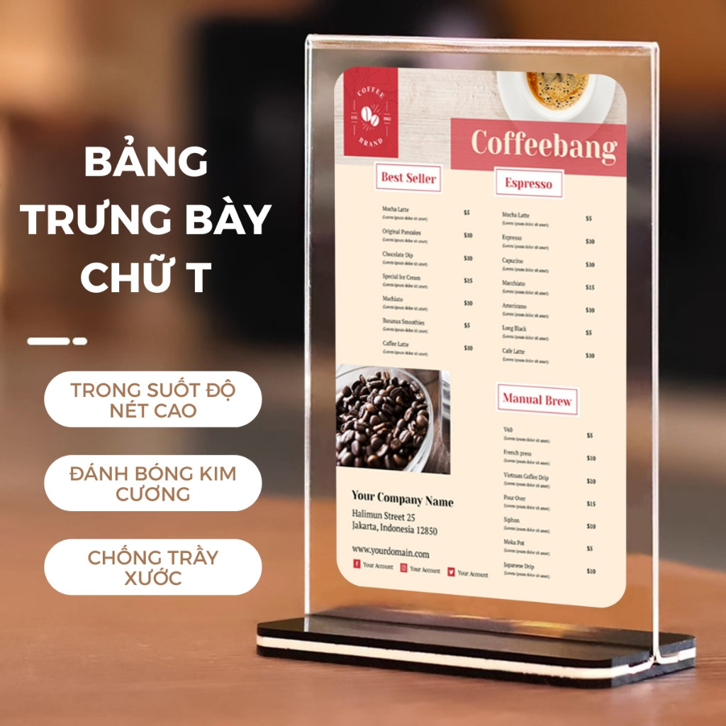 Kệ Mica Trưng Bày A4/A5 - Bảng Menu Để Bàn Trong Suốt, Chất Liệu Bền Đẹp Không Ố Vàng Cho Quán Cafe/Shop