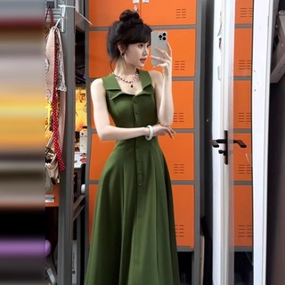 đầm dài nữ halter cạp cao a line xanh lá cổ điển 2026 xuân