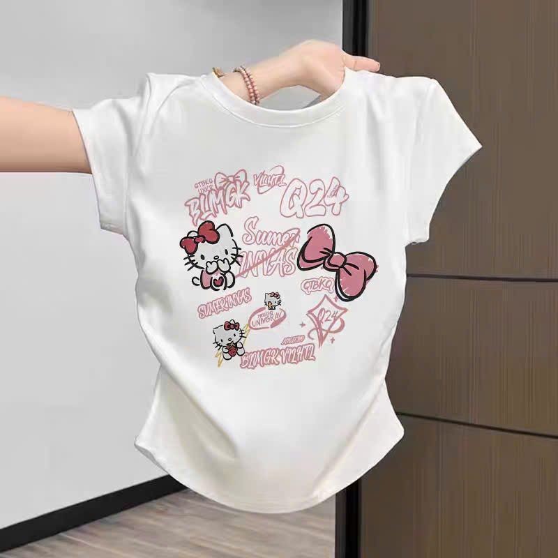 áo thun tăm croptop CHO BÉ GÁI 25kg-48kg ngắn cộc tay chất tăm lạnh-in hình mèo CUTE