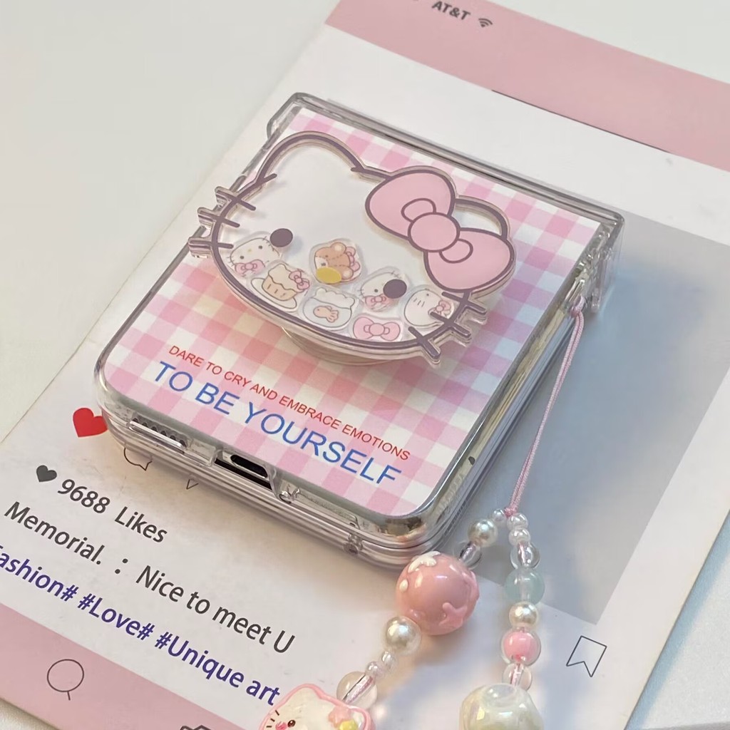 Thích Hợp Cho Samsung Galaxy Z Flip7 Flip6 Hồng Checker Dễ Thương Kt Cat Shake Fun Bracket Vỏ Điện Thoại Cho ZFlip 7 6 5 4 3 5G N3Flip MixFlip Dây Gấp Bảo Vệ