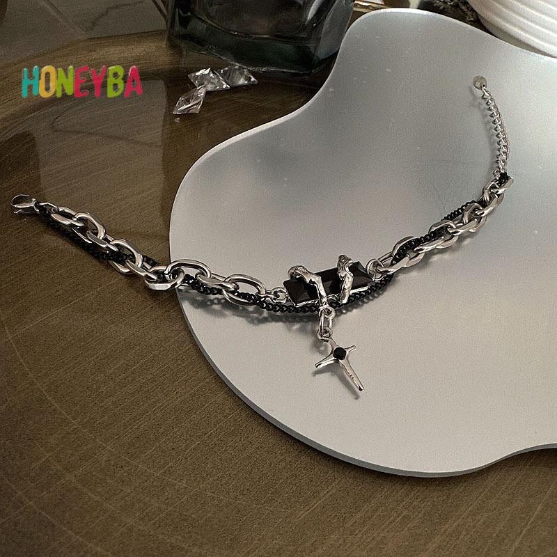 < Honeyba > Vòng tay ngôi sao Zircon màu đen cổ điển dành cho nữ Quà tặng xu hướng Dây chuyền kim loại Unisex Goth Trang sức Cặp đôi mới Phụ kiện