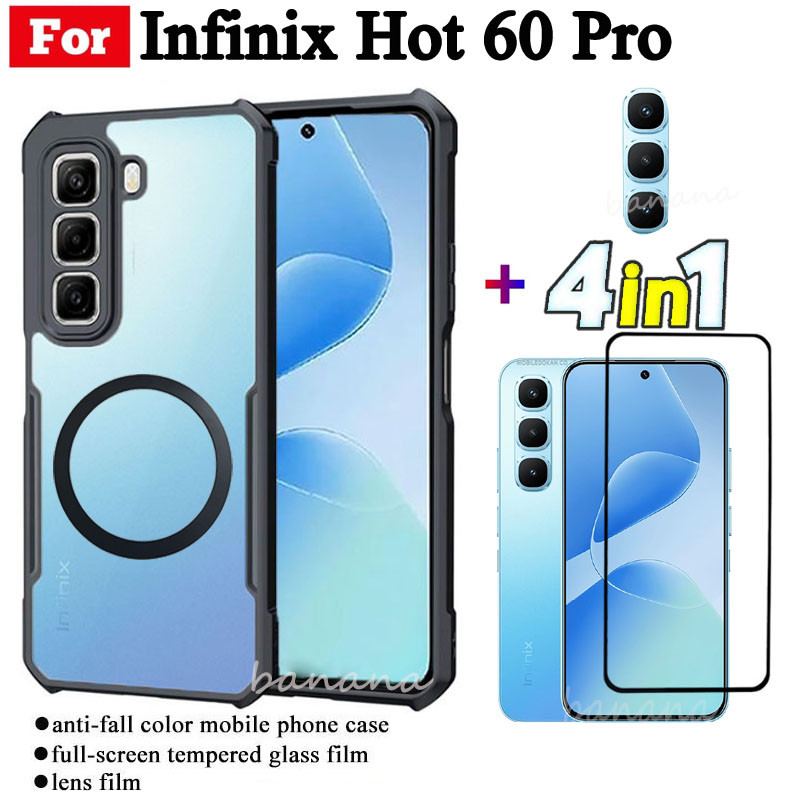 Ốp điện thoại chống sốc 4 trong 1 Infinix Hot 60 Pro có nhãn dán sạc không dây từ tính cho Infinix Hot 60 Hot 60i Chống gián điệp Bảo vệ toàn diện Kính cường lực + Phim ống kính