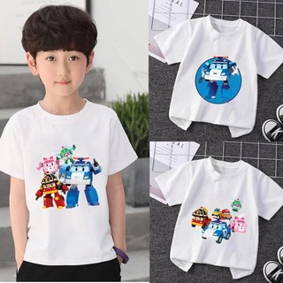 Áo thun trắng tinh khiết Robocar Poli in hình dễ thương quần áo ngắn tay hàng ngày dành cho trẻ em