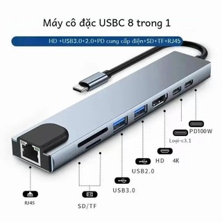 USB Hub 8 trong 1 Type C 3.1 hỗ trợ 4K HDTV với đầu đọc thẻ SD TF RJ45 sạc nhanh PD đa năng tương thích MacBook laptop
